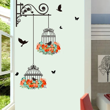 Colorful Flower & Birdcage Wall Sticker – Creative Home Décor