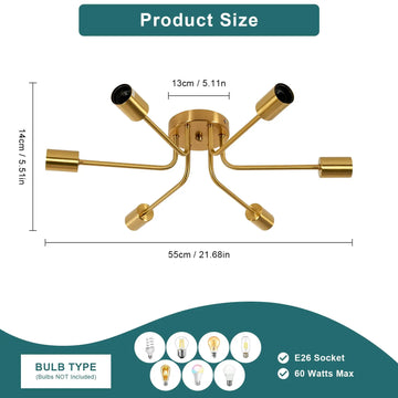 6-Light Gold Sputnik Chandelier – Mid-Century Industrial Fixture