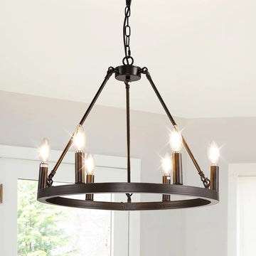6-Light Black Wagon Wheel Chandelier – Modern Rustic Pendant