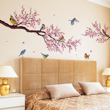 Peach Blossom Tree Branch & Bird Wall Sticker – Self-Adhesive Décor