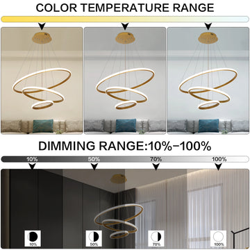 Modern Dimmable 3-Ring LED Chandelier – Gold High Ceiling Light