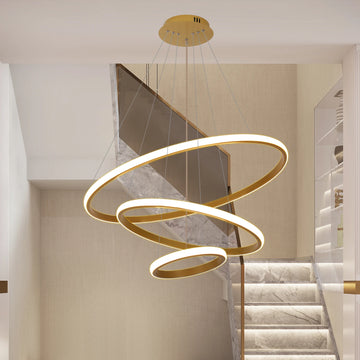 Modern Dimmable 3-Ring LED Chandelier – Gold High Ceiling Light