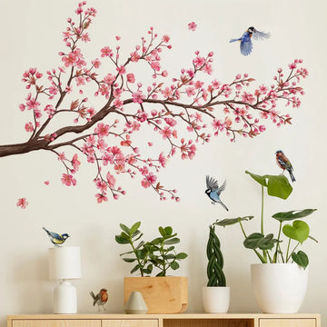 Peach Blossom Tree Branch & Bird Wall Sticker – Self-Adhesive Décor