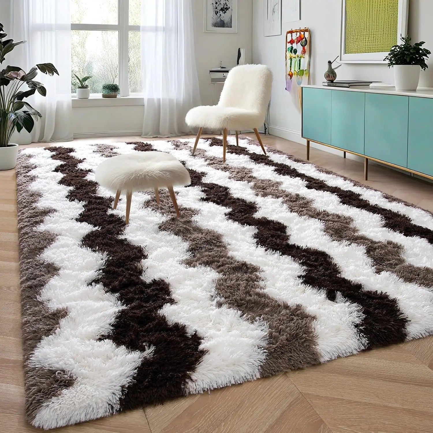 Soft Shaggy Stripe Rug – Plush 5x8ft Fluffy Carpet